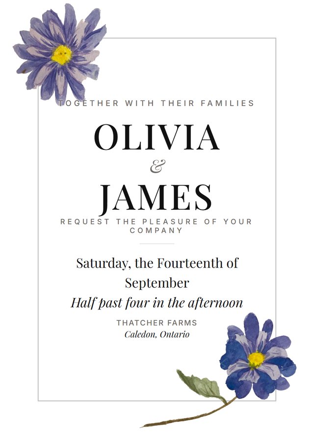 Editorial Black Tie wedding invitation with Anemone corners — free template