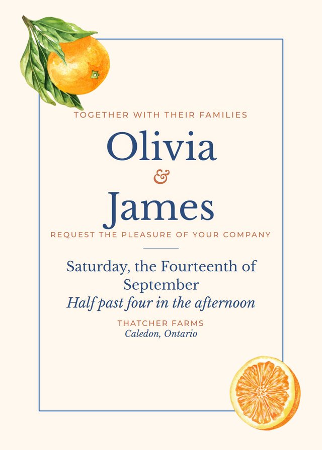 Italian Lemon wedding invitation with Orange corners — free template