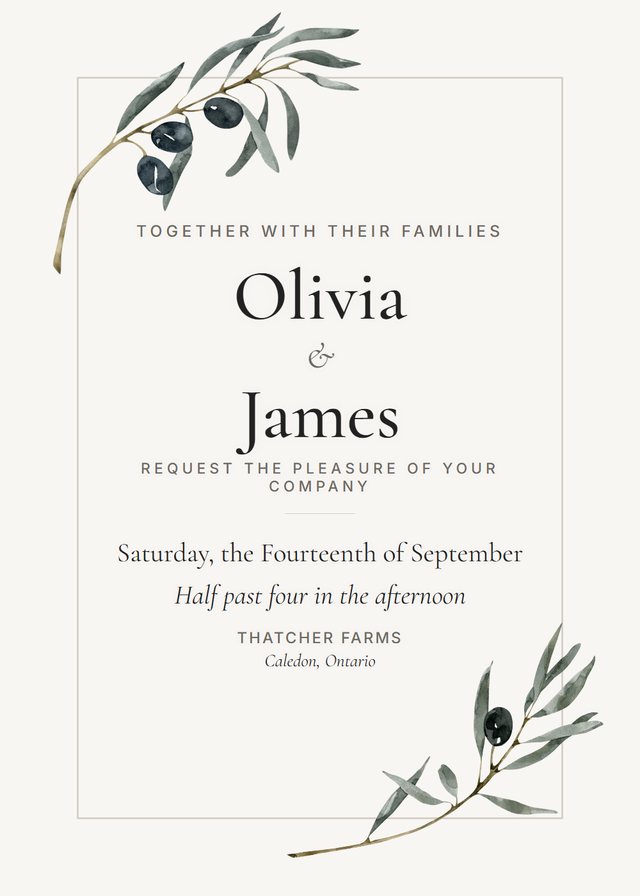Modern Minimal wedding invitation with Olive corners — free template