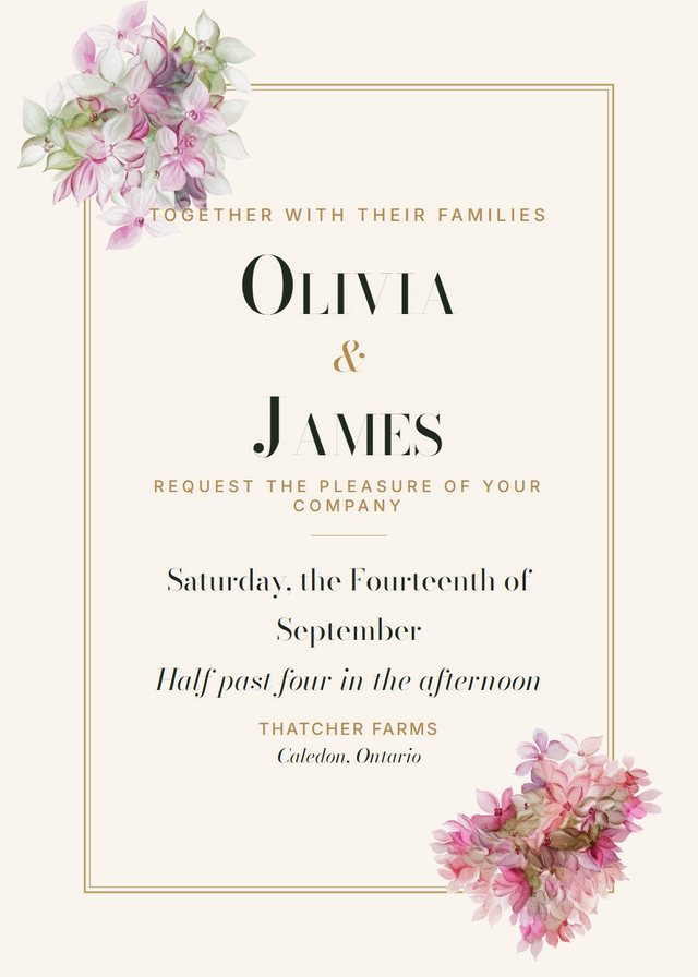 Old Money wedding invitation with Hydrangea corners — free template